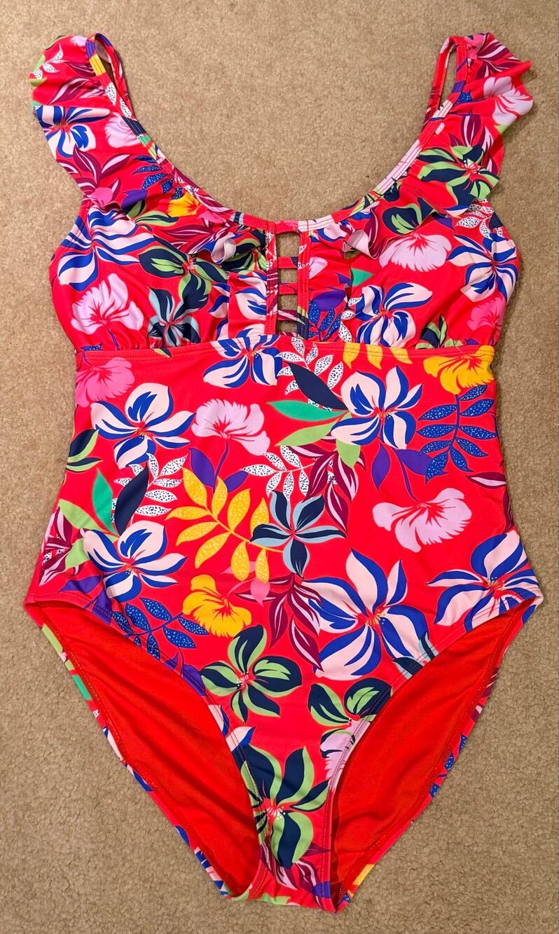 Caribbean Joe Womens One Piece Swimsuit Size 10 Red Floral Ruffle Ladder Cutout